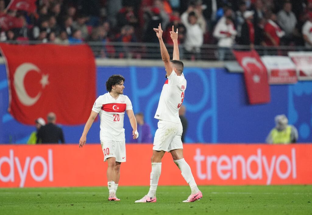 Turkey's Merih Demiral gesturing to the crowd after scoring side's second goal against Austria. Photograph: Adam Davy/PA Wire