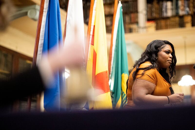 UCD LawSoc's Deborah Obarisiagbon pictured speaking. Photograph: Tom Honan