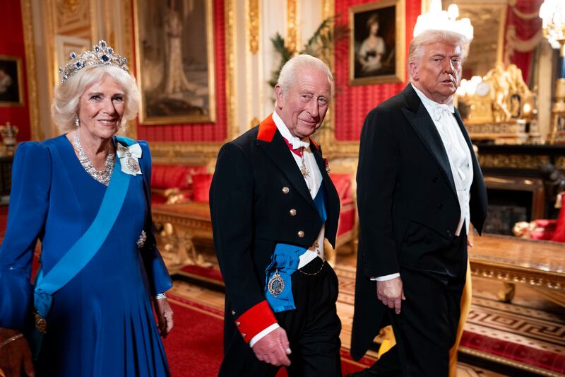 Queen Camilla, King Charles and US president Donald Trump at a state banquet at Windsor Castle on Wednesday night. Photograph: Doug Mills/New York Times