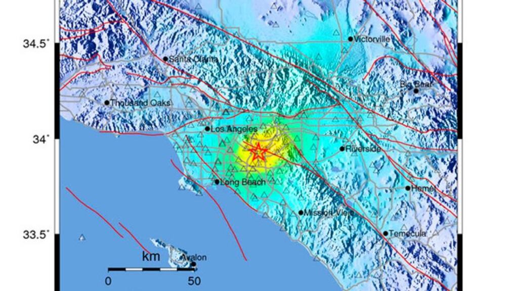 A shake map released by the US Geological Survey (USGS) shows the location and intensity of a magnitude 5.1 earthquake which occurred north-west of Brea in Orange County, California. Image: EPA/USGS Handout.