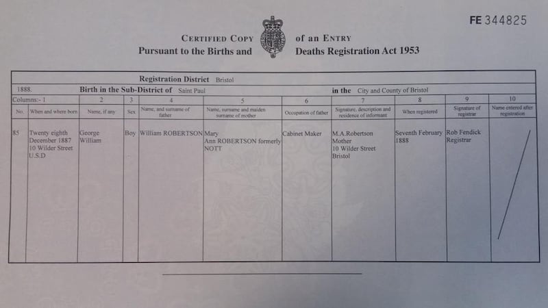 Emmanuel Macron is one-eighth English. This is the birth certificate of his English great-grandfather, George William Robertson. Photograph: Lara Marlowe