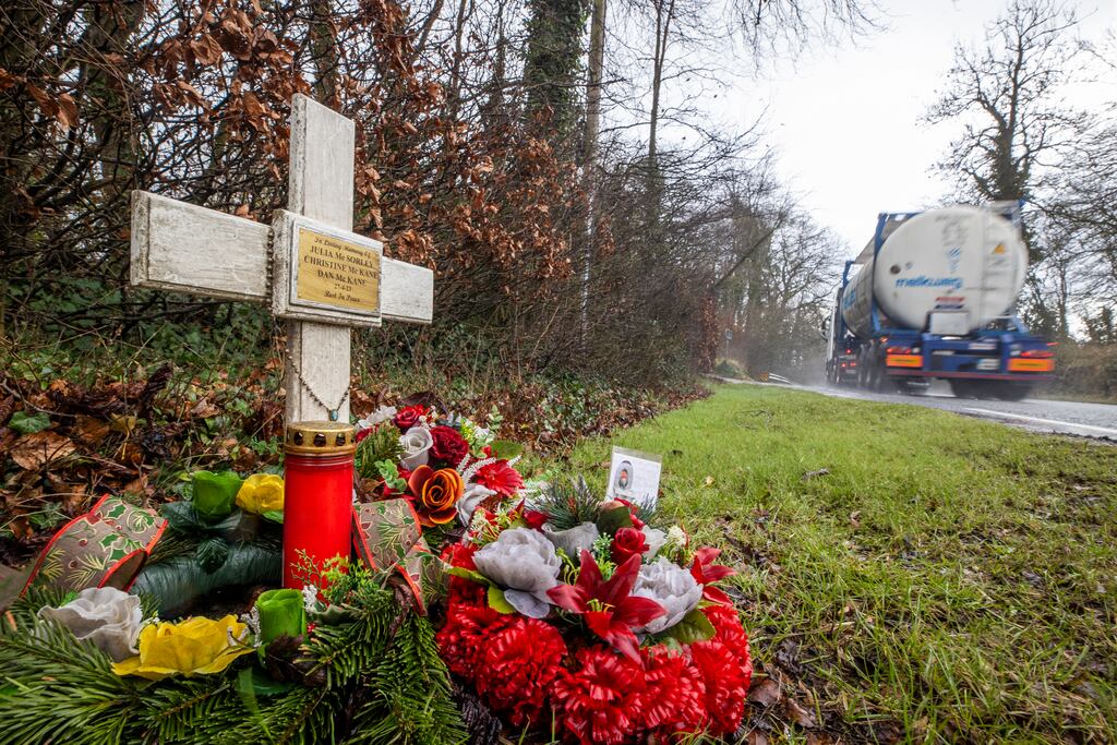 A memorial to Julia McSorley, Christine McKane and Dan McKane close to the location on the A5 where they were involved in a fatal accident. Photograph: Liam McBurney/PA Wire