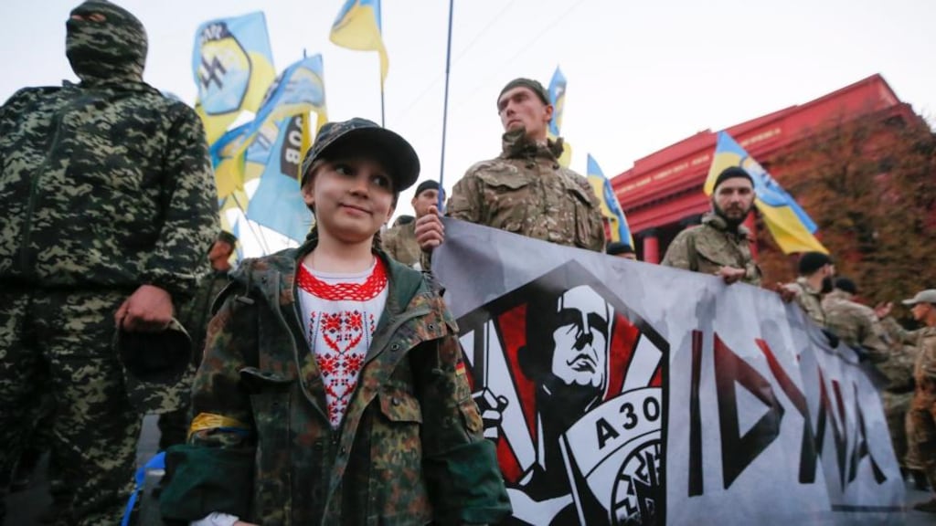 Ukrainian nationalists march during a rally in Kiev held to mark the 72nd anniversary of the founding of the Ukrainian Insurgent Army. Photograph: Sergey Dolzhenko/EPA