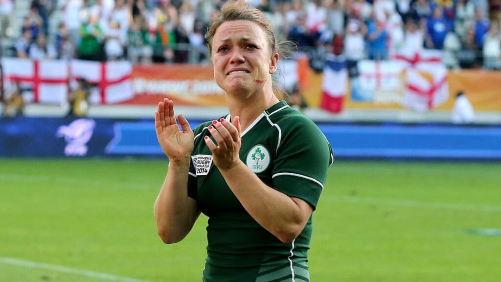A tearful Lynne Cantwell applauds the Ireland fans after defeat to England. Photograph: Dan Sheridan / Inpho