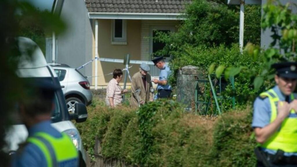 GardaÍ and neighbours at the scene where a body was found at Galway Lane, Douglas, Cork. Photograph: Michael Mac Sweeney/Provision