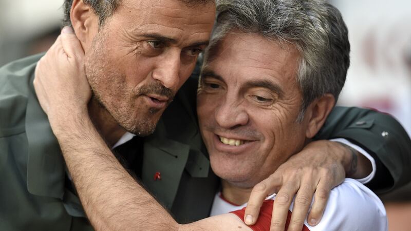 Pep Guardiola’s new assistant Juan Manuel Lillo pictured with Luis Enrique in 2017. Photograph: Lluis Gene/AFP/Getty
