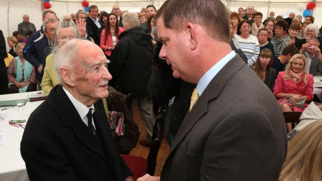 Mayor of Boston Marty Walsh with fomer taoiseach Liam Cosgrave in Carna, Co  Galway, yesterday.  Photograph: Joe O’Shaughnessy