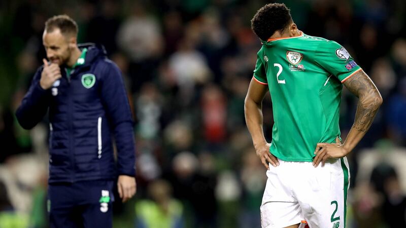 A dejected Cyrus Christie after the second leg of the World Cup playoff against Denmark at the Aviva stadium in November. Photograph: Ryan Byrne/Inpho