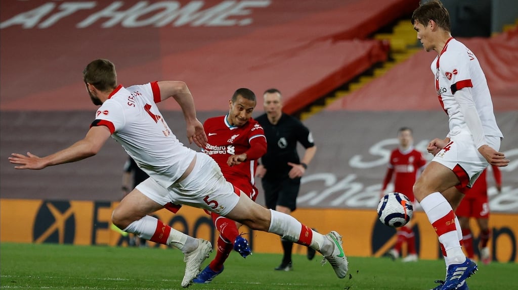 Thiago Alcantara scores his first goal for Liverpool. Photograph: Phil Noble/PA