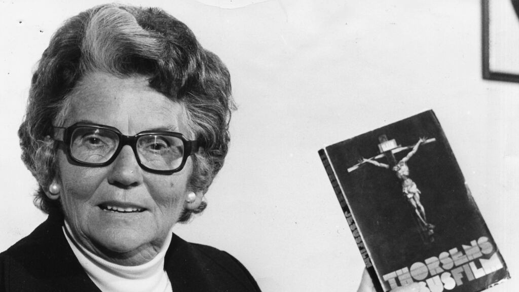 Mary Whitehouse holding a copy of an ‘obscene’ film script by Jens Jorgen Thorsens in 1976. Photograph: Keystone/Hulton Archive/Getty Images