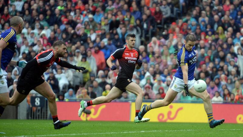 Stephen O’Brien got past four Mayo defenders to score  Kerry’s first goal. Aidan O’Shea was stranded in a one-v-two situation and was  entirely blameless for the situation.  Photo: Don MacMonagle
