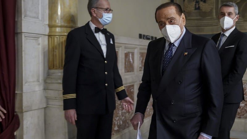 Silvio Berlusconi following a meeting with the designated prime minister Mario Draghi on formation of a new government at the Montecitorio palace, in February. Photograph: Livio Anticoli/ AM Pool/Getty