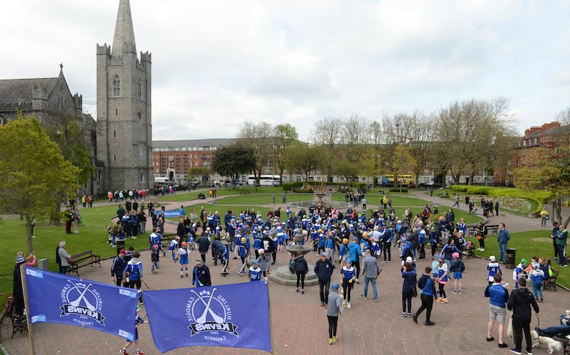 Kevins Hurling and Camogie Club protesting. Photograph: Dara Mac Dónaill