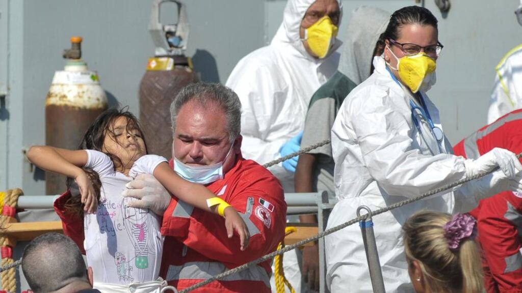 The Irish patrol ship LÉ Niamh successfully rescued 317 men, 11 women and one child about 58km north of Tripoli in Libya on Saturday. Photograph: Guglielmo Mangiapane/Reuters