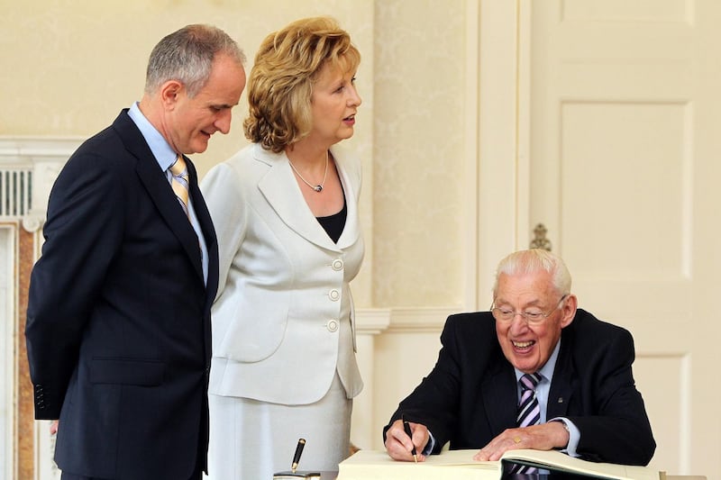 Mary McAleese celebrating the 12th of July in the Áras as part of her bridge-building initiative, with a visit from Ian Paisley. Photograph: Maxwells