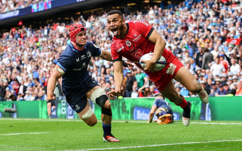 Toulouse’s Matthis Lebel scores despite the efforts of Josh van der Flier of Leinster during the Champions Cup final. Photograph: James Crombie/Inpho