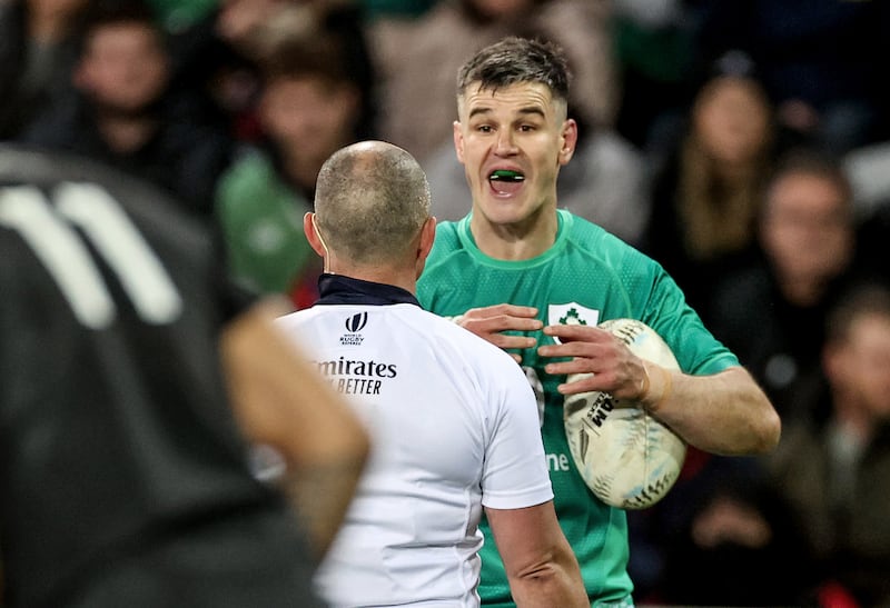 Ireland's Johnny Sexton speaks with referee Jaco Peyper during Ireland's second Test last July against New Zealand in Dunedin. Photograph: Billy Stickland/Inpho