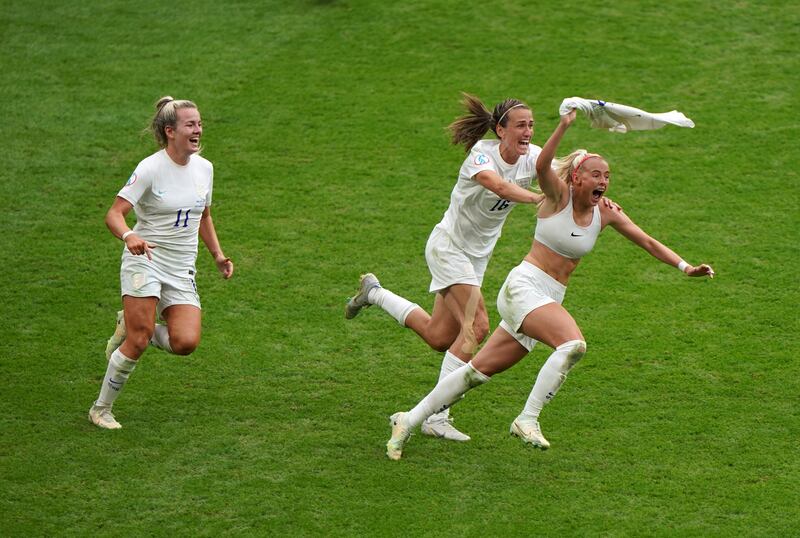 Swing when you're winning: England's Chloe Kelly twirls her shirt above her head after scoring her side's second goal in the Euro 2022 final at Wembley. Photograph: Joe Giddens/PA