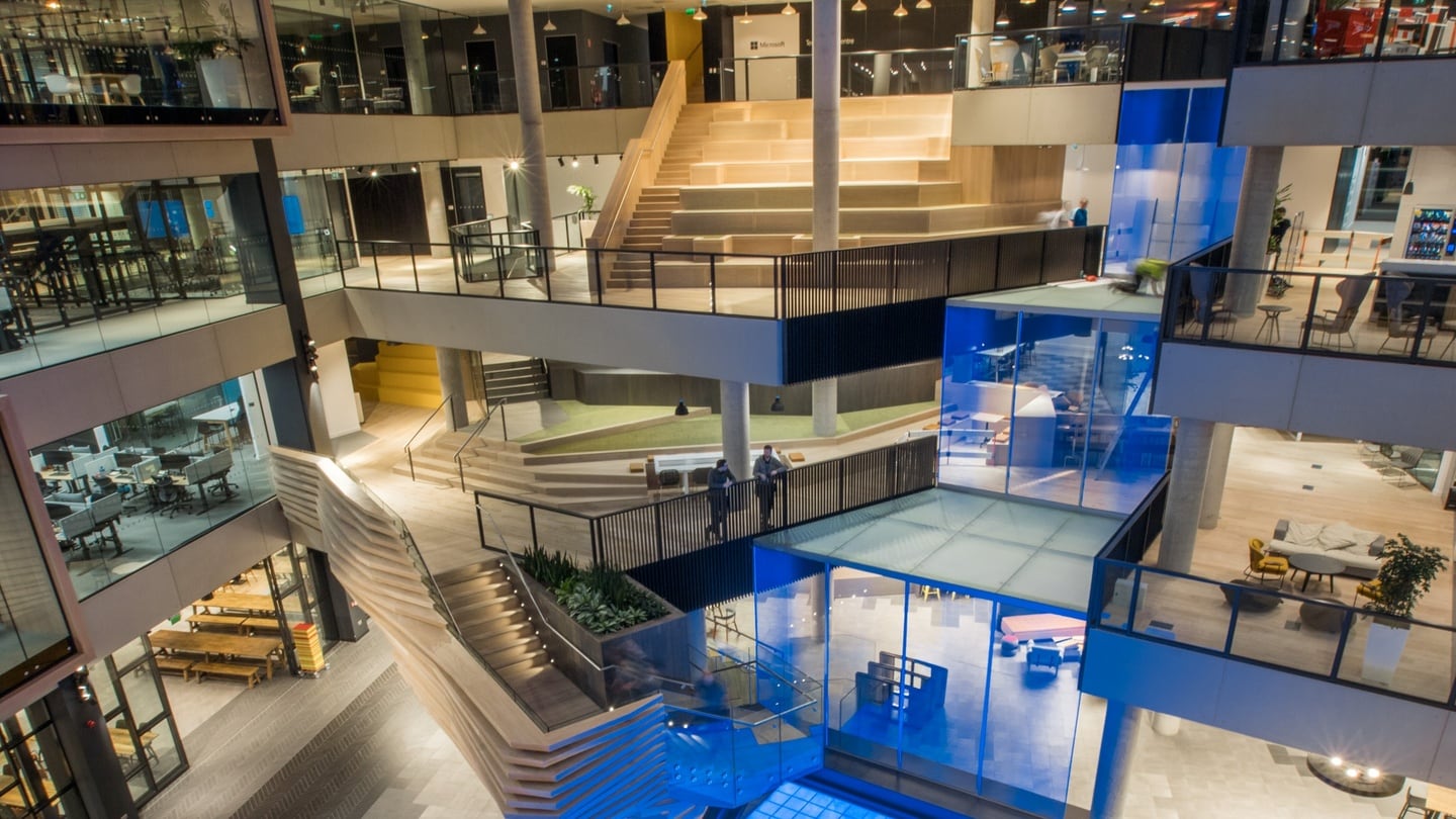 The digital lake and LED waterfall at One Microsoft Place