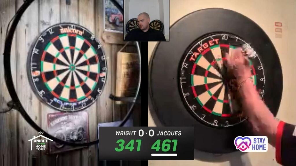 A blurry Peter Wright in action in the dedicated practice room of his East Anglian home during Darts at Home. Photograph: PDC TV