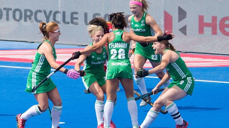 Ireland celebrate after Anna O’Flanagan’s early goal against Spain. Photograph: Sandra Mailer/Inpho