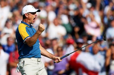 Justin Rose celebrates during his singles match against Patrick Cantlay in Rome. Photograph: Naomi Baker/Getty Images