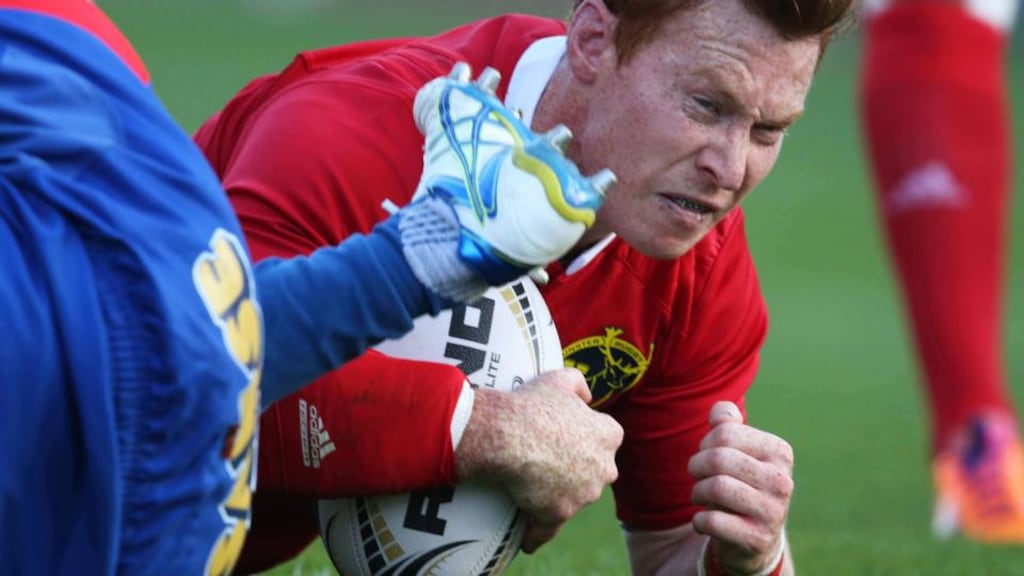 Cathal Sheridan scores a try in a pre-season friendly against Grenoble at Thomond Park. Photograph: Billy Stickland/Inpho.
