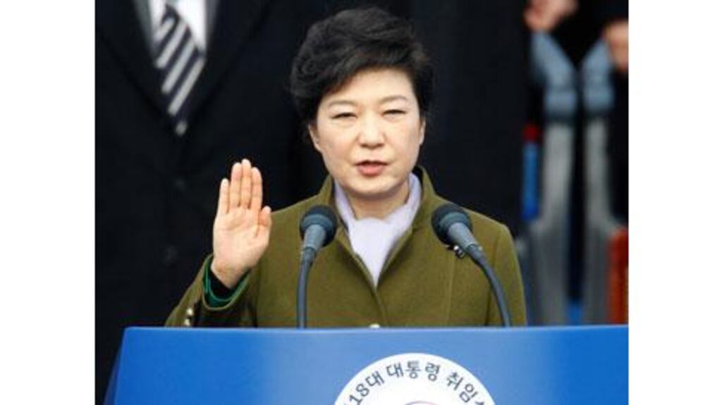 South Korea's new president Park Geun-hye takes the oath of office during her inauguration at the parliament in Seoul today. Photograph: Lee Jae-Won/Reuters