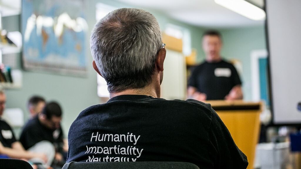 Irish Red Cross volunteer inmates at the Community Based Health in Detention Workshop at the Midlands Prison in Portlaoise. Photograph: James Forde