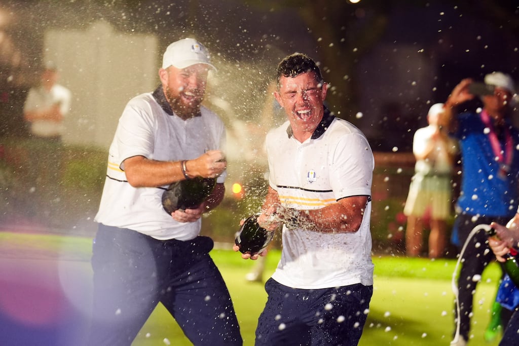 Shane Lowry and Rory McIlroy celebrate Europe's Ryder Cup triumph at the Bethpage Black Course in New York. Photograph: Mike Egerton/PA Wire