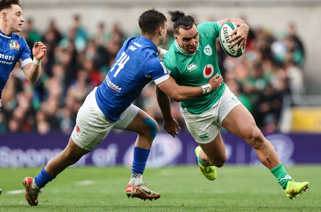 Ireland's James Lowe is tackled by Italy's Lorenzo Pani during the Six Nations game at the Aviva Stadium. Photograph: Ben Brady/Inpho