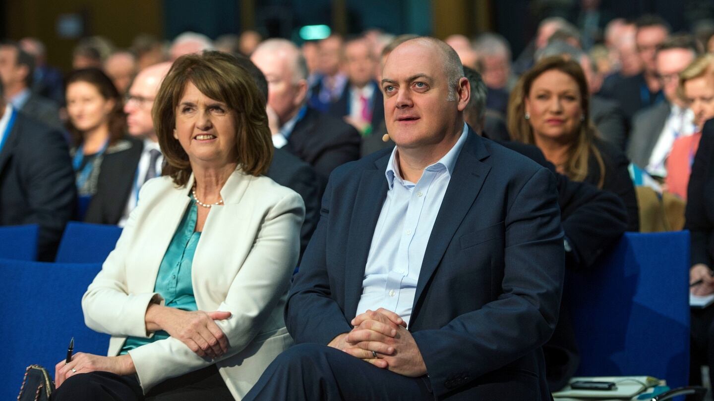 Tánaiste Joan Burton  and Dara Ó Briain at the Global Irish Economic Forum in Dublin Castle. Photograph: Brenda Fitzsimons/The Irish Times