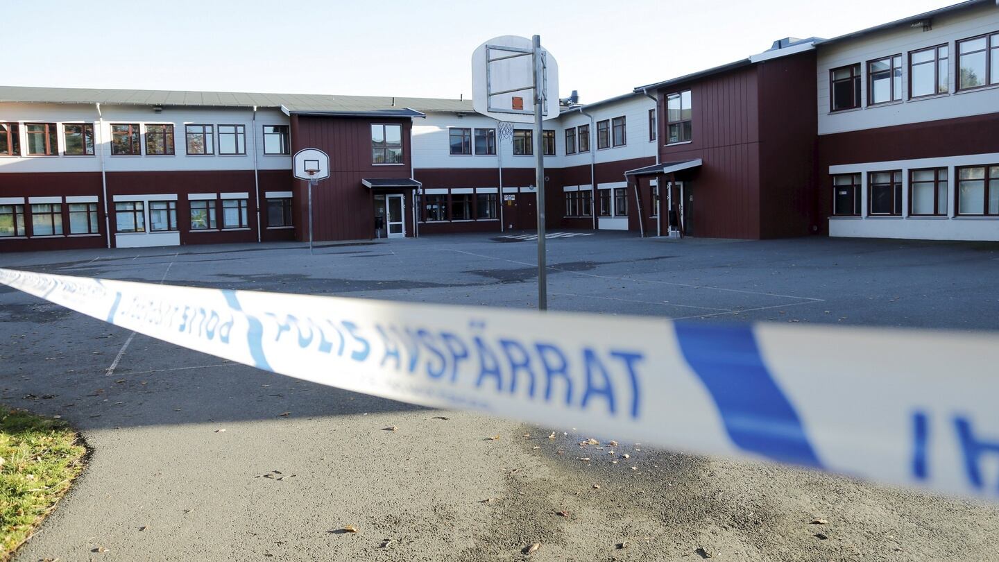 Police tape is seen at Kronan school in Trollhattan, Sweden on Friday. Photograph: Reuters