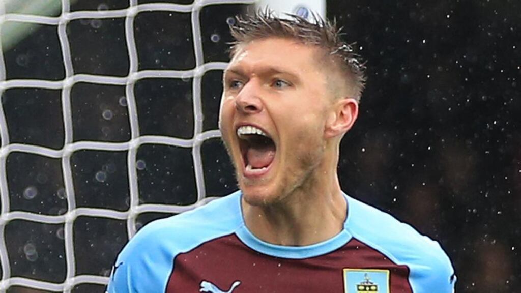 Burnley’s Jeff Hendrick celebrates after scoring his team’s first goal in their 4-2 defeat to Fulham in London. Photograph: Marc Atkins/Getty Images