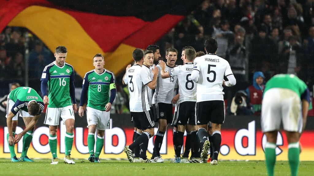 Germany celebrate Julian Draxler’s first half goal in their qualifying win over Northern Ireland. Photograph: Inpho/William Cherry