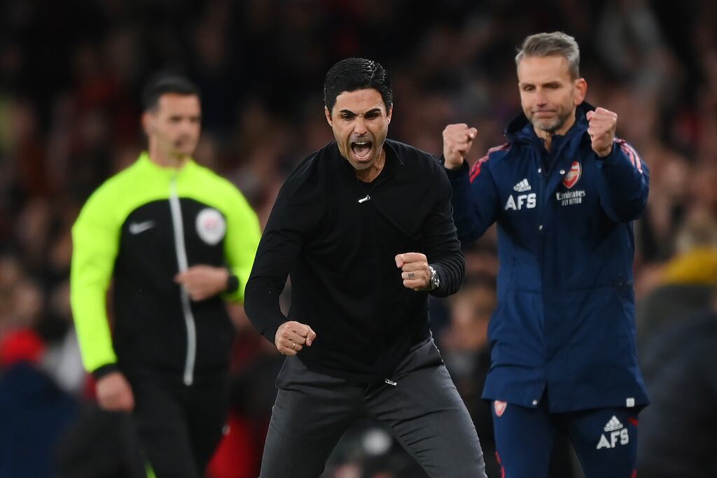 Arsenal manager Mikel Arteta celebrates his side's Premier League victory over Liverpool at Emirates Stadium. Photograph: Shaun Botterill/Getty Images