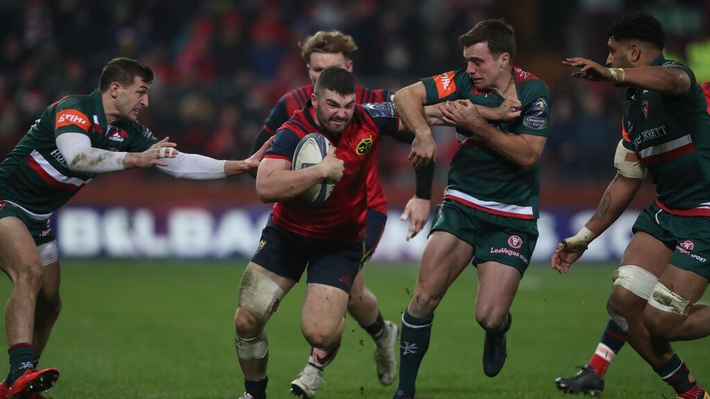 Munster’s Sam Arnold is tackled by Leicester’s George Ford during the European Champions Cup clash at Thomond Park, Limerick. Photograph: Niall Carson/PA