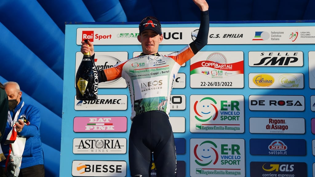Ireland’s Eddie Dunbar of Team Ineos Grenadiers celebrates winning the white leader’s jersey on the podium after stage two of the 36th Settimana Internazionale Coppi e Bartali from Riccione to Longiano. Photograph: Dario Belingheri/Getty Images