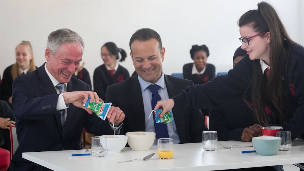 Minister for Education Richard Bruton and Minister for Social Protection Leo Varadkar with students from St Joseph’s secondary school in Stanhope Street in Dublin. Photograph: Gareth Chaney/Collins