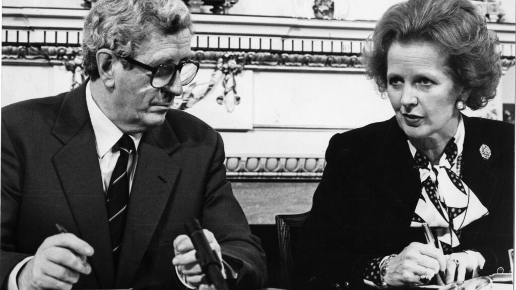 November 1985: Then taoiseach Dr Garret FitzGerald signing the Anglo-Irish Agreement with then British prime minister Margaret Thatcher. The agreement gave the Irish government an official consultative role in the affairs of Northern Ireland and was strongly opposed by unionists. File photograph: Matt Kavanagh/The Irish Times