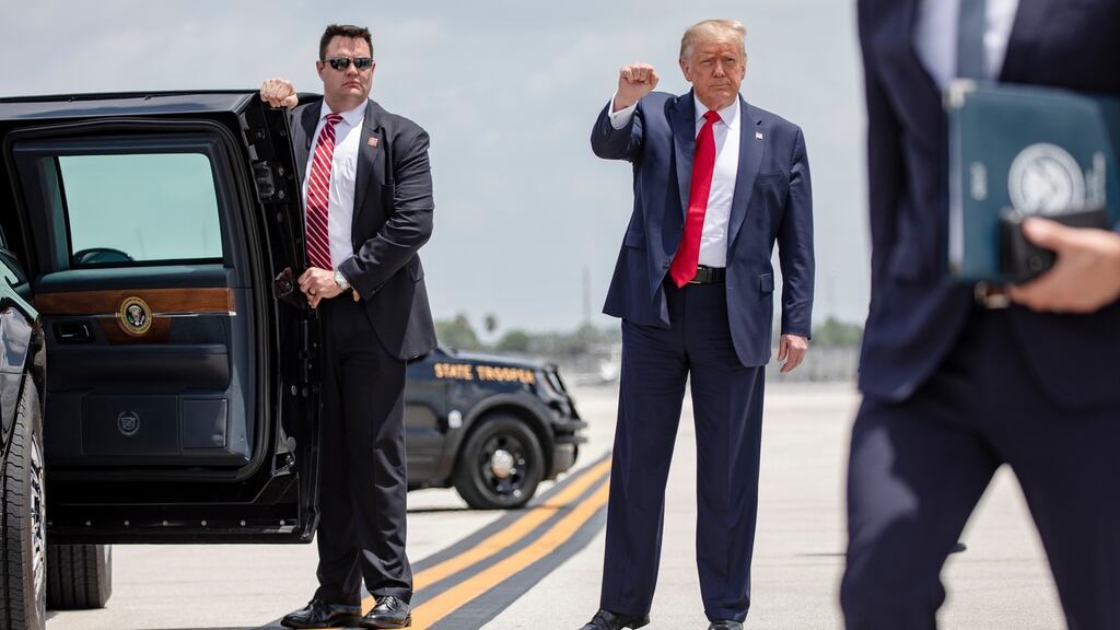 US president Donald Trump arrives at Miami International Airport in Florida for a briefing on efforts to stop the flow of drugs coming into the country.  Photograph: Samuel Corum/The New York Times