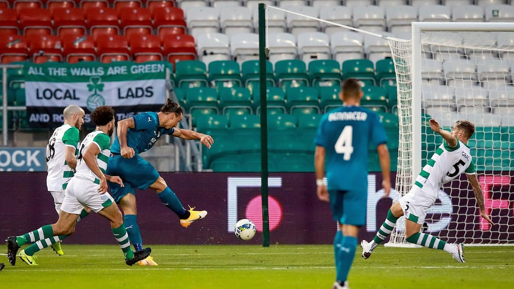 AC Milan’s Zlatan Ibrahimovic opens the scoring against Shamrock Rovers in the Europa League second qualifying round game at Tallaght Stadium. Photograph: Tommy Dickson/Inpho