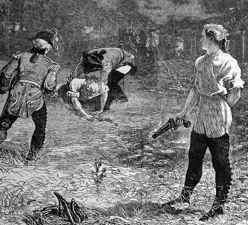 Christian Davies (1667-1739) fatally wounding an opponent during a duel. Born Christian Cavanagh, she was a female soldier also known as Kit Cavanagh and Mother Ross. Photograph: Universal History Archive/Universal Images Group via Getty Images