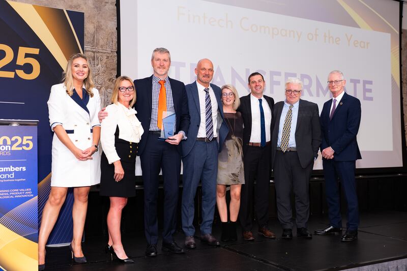 Anna Daly, MC of the awards; Brid Saruwatari, TransferMate chief financial officer; Gary Conroy, chief executive officer at TransferMate; Richard Chapman, VP commercial director at TransferMate; Sinead O’Neill, chief marketing officer at TransferMate; David Hughes, chief commercial officer at TransferMate; David Kinnear, head of HR at TransferMate; and Ian Talbot, chief executive of Chambers Ireland. Photographer: Ruben Morrissey-Fernandez/Ruby Productions