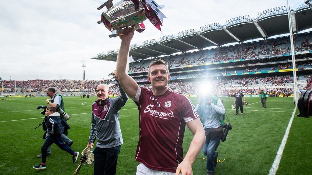 Galway’s Joe Canning celebrates with the Liam MacCarthy cup. Photograph: Cathal Noonan/Inpbho