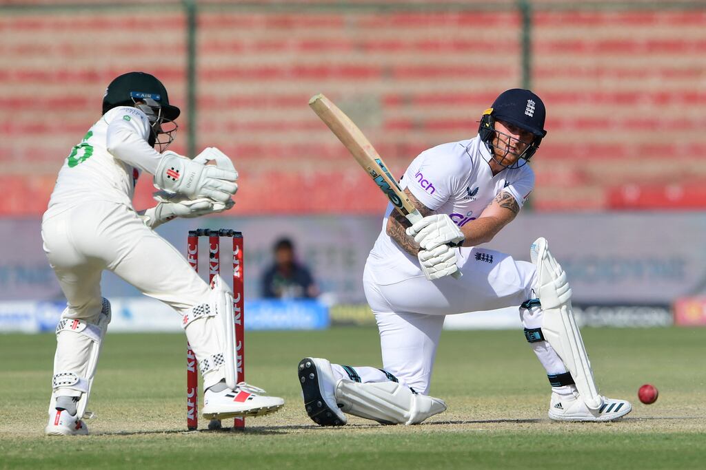 England's captain Ben Stokes plays a shot against Pakistan. Photograph: Asif Hassan/AFP via Getty