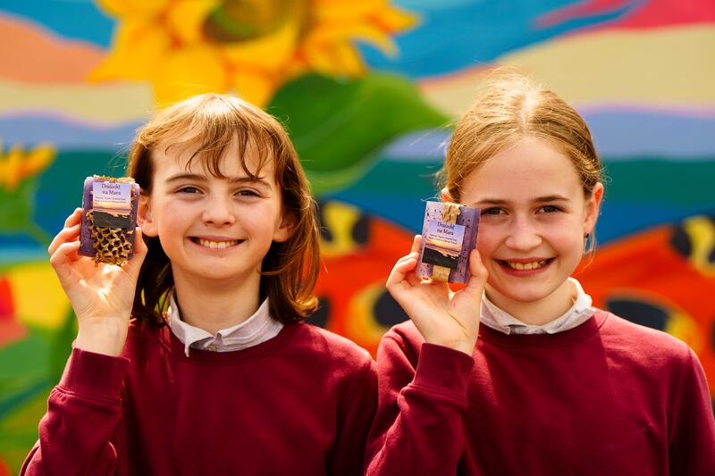 Sisters Ava and Ellie Coakley with their award-winning soap, developed by pupils at Lisheen National School, Skibbereen, Co. Cork who won the class of the year award in the Junior Entrepreneur Programme 2024. Photograph: Jerry Kennelly