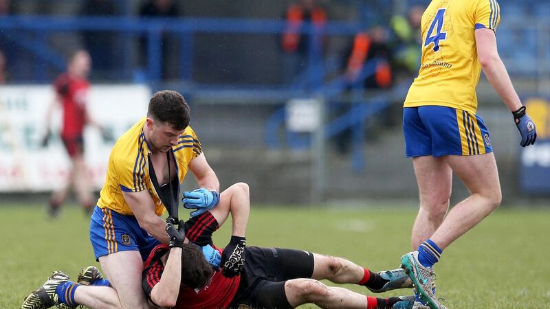In action against Down’s Connaire Harrison during the 2016 league. Photograph: Inpho