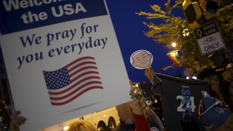 People line the front row outside the Cathedral Basilica of Saints Peter and Paul in Philadelphia, ahead of Pope Francis’s visit. Photograph: Mark Makela/Reuters