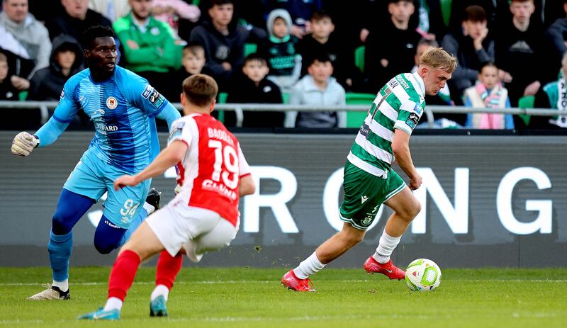 Shamrock Rovers’ Michael Noonan rounds St Pat's goalkeeper Joseph Anang before shooting to score the first goal of the game. Photograph: Ryan Byrne/Inpho